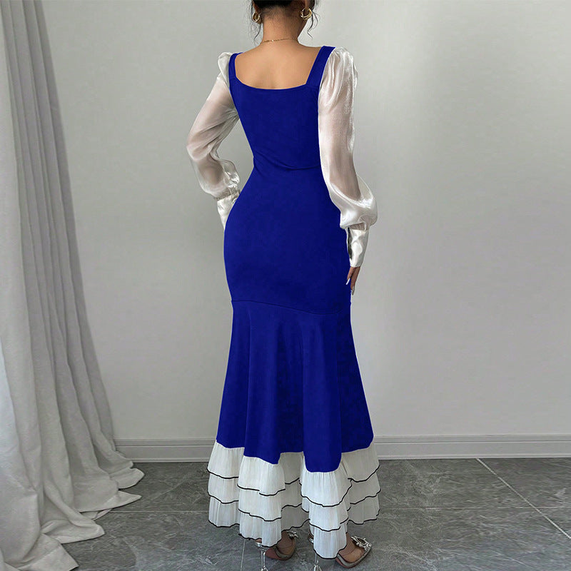 Damen Maxikleid transparente Puffärmel Rüschensaum Norvielle