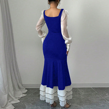 Damen Maxikleid transparente Puffärmel Rüschensaum Norvielle