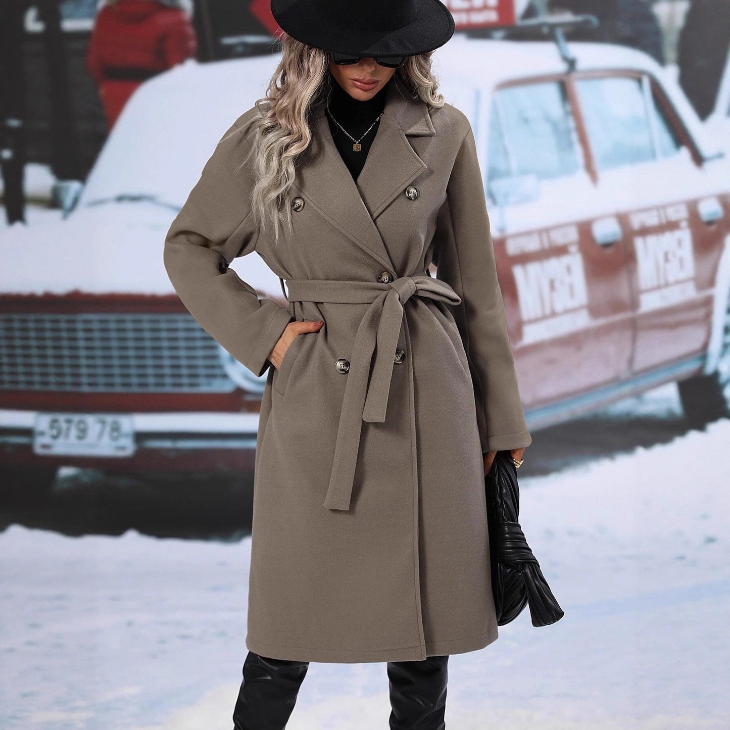 Damen Oversized-Mantel Doppelter Knopfleiste Gürtel Norvielle