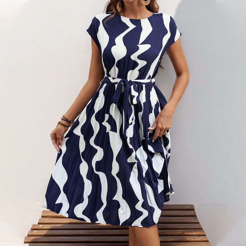 Damen Maxikleid Plissiert Muster Taillengürtel