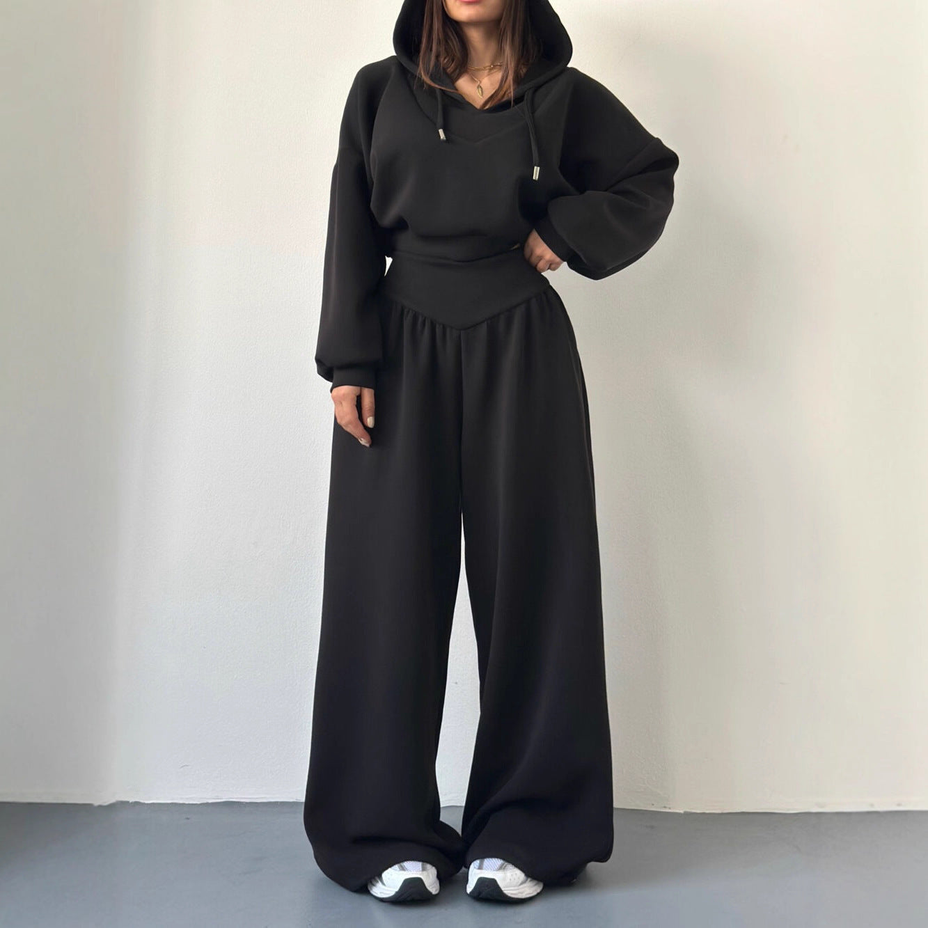 Damen Sportanzug Cropped Hoodie und Hose Baumwolle Bequem Grau