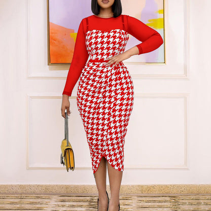 Damen Kleid Langarm Hahnentritt-Design