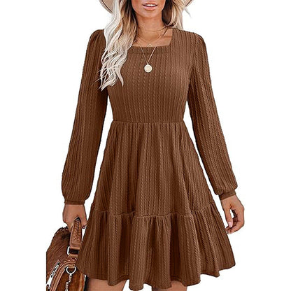 Damen Midi-Kleid mit Quadrat-Ausschnitt und Gerafften Ärmeln