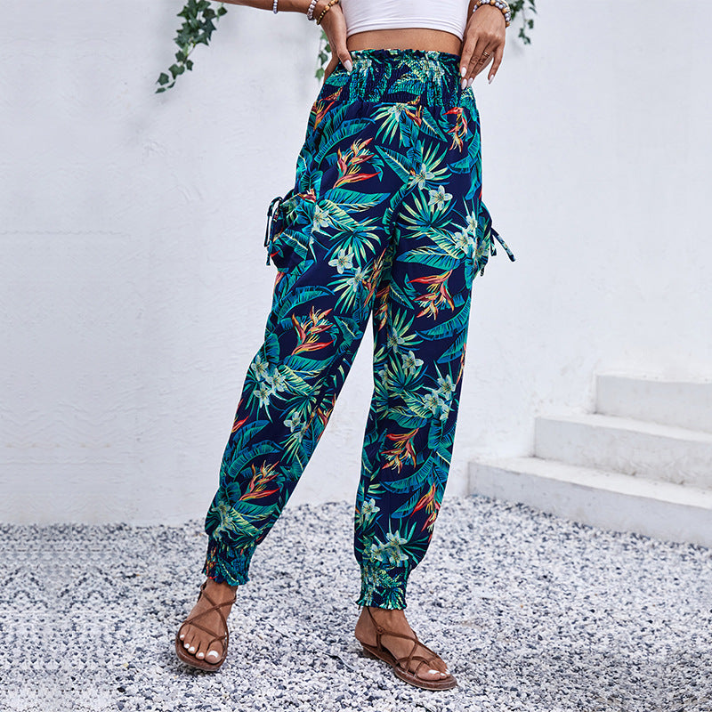 Damen Cargo-Hose Elastischer Bund Bunter Blätter-Print Norvielle