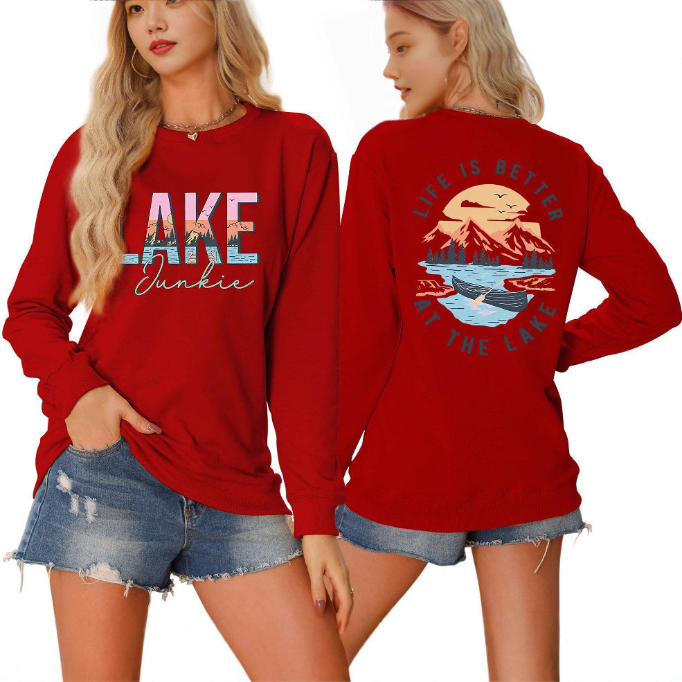 Damen Langarmshirt Lake-Motiv Leicht Lässig Weiß - Norvielle