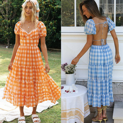 Damen Maxi-Kleid Rüschen Karomuster - Norvielle