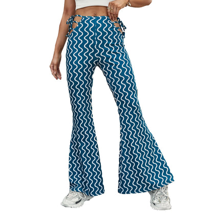 Damen High-Waist Schlaghose Wellenmuster mit Schnürdetails