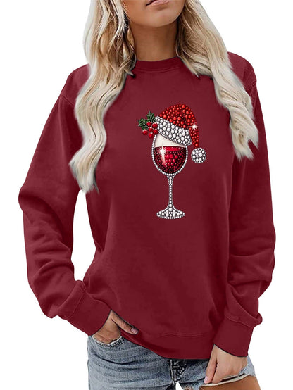 Damen Sweatshirt Weich Innenfutter Weinmotiv Norvielle