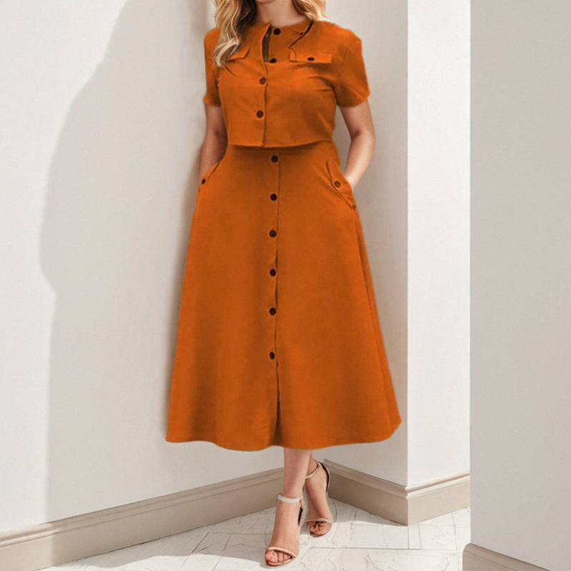 Damen Midi Kleid Knöpfbarem Oberteil Taillierter Silhouette