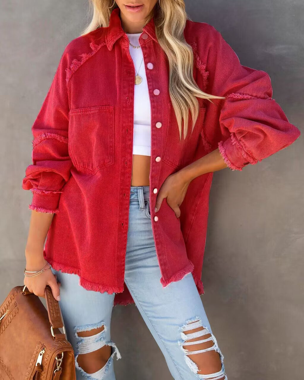 Damen Oversized Denim-Hemd mit Fransen Norvielle
