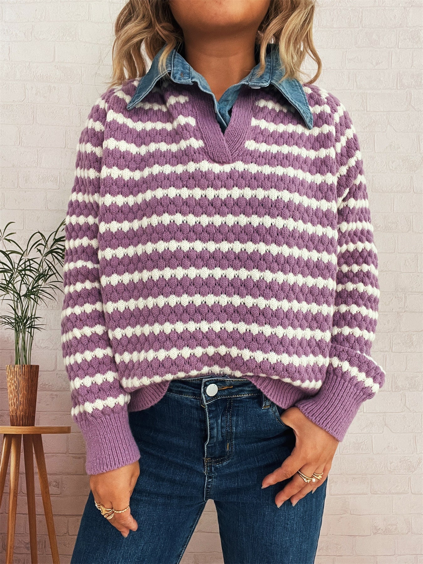 Damen Strickpullover V-Ausschnitt Streifenmuster