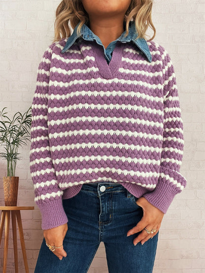 Damen Strickpullover V-Ausschnitt Streifenmuster