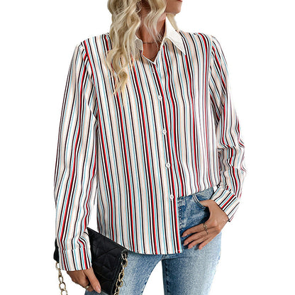 Damen Bluse Streifenmuster Eleganter Kragen Weiß