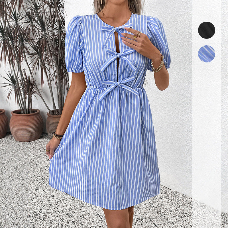 Damen Mini-Kleid Woven Puffärmel Geflochtene Details Norvielle - Norvielle
