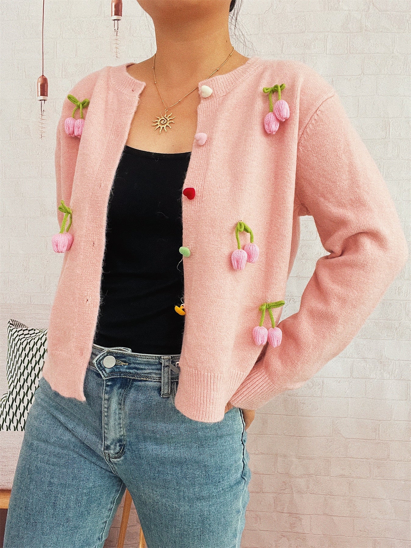 Damen Strickjacke Florales Design Bunt
