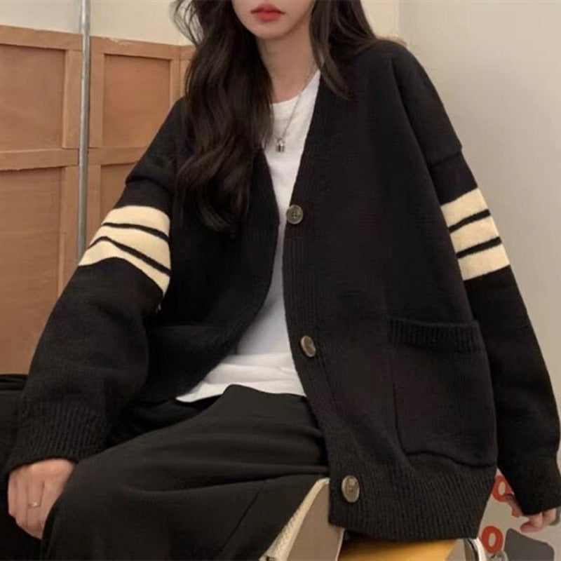 Damen Strickcardigan Lässig Mit Taschen Kontraststreifen
