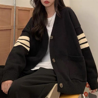Damen Strickcardigan Lässig Mit Taschen Kontraststreifen