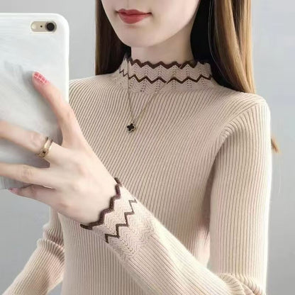 Damen Strickpullover Stehkragen Wellenmuster