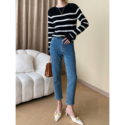 Damen Pullover Gestrickt Breite Streifen Elegante Passform