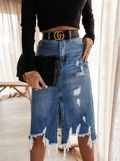 Damen Denim-Rock Asymmetrisch Destroyed