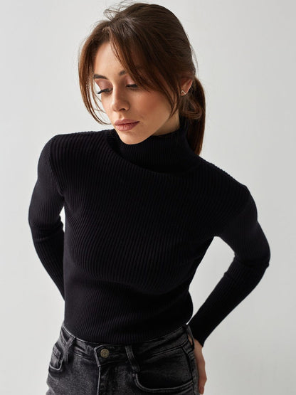 Damen Pullover Lang mit hohem Kragen und Rippenstruktur Norvielle