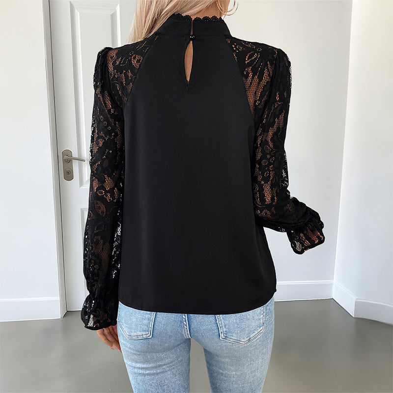 Damen Bluse Spitzenärmel Stehkragen Elegante Bluse