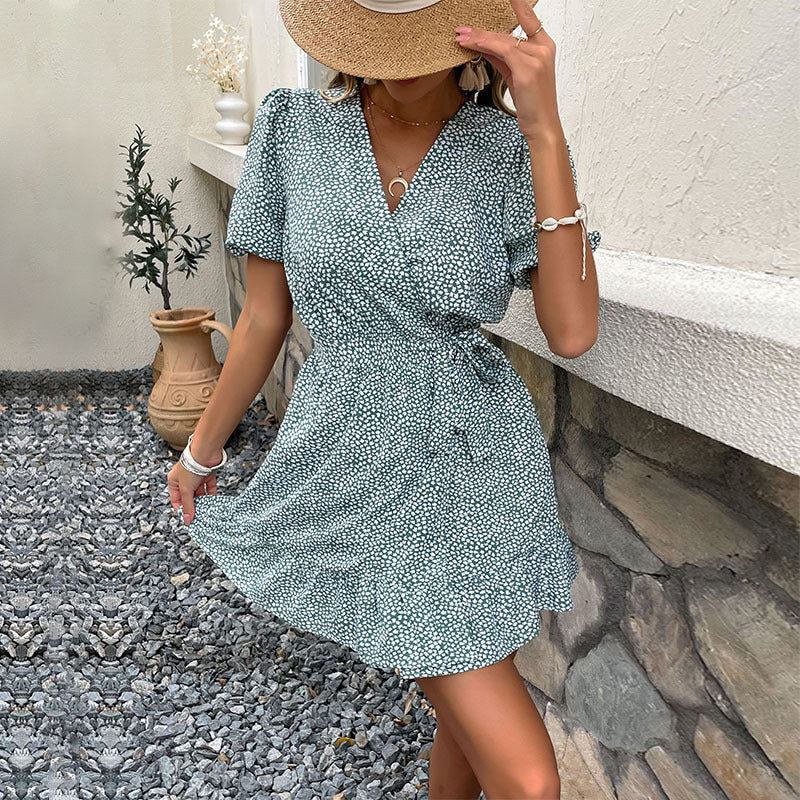 Damen Wickelkleid Blümchenmuster Elastisch Kurzärmelig