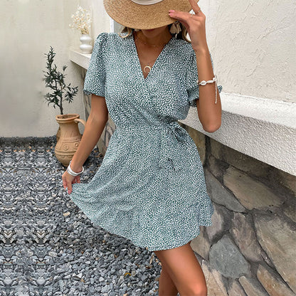Damen Wickelkleid Blümchenmuster Elastisch Kurzärmelig