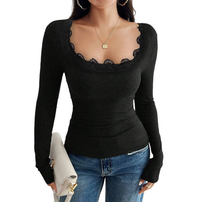 Damen Langarmshirt Spitzenrand Figurbetonter Stoff Norvielle