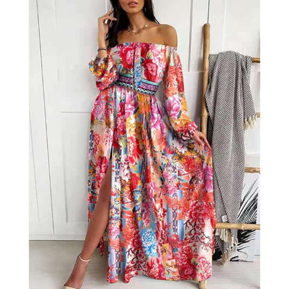 Damen Maxikleid Schulterfrei Elegant Print