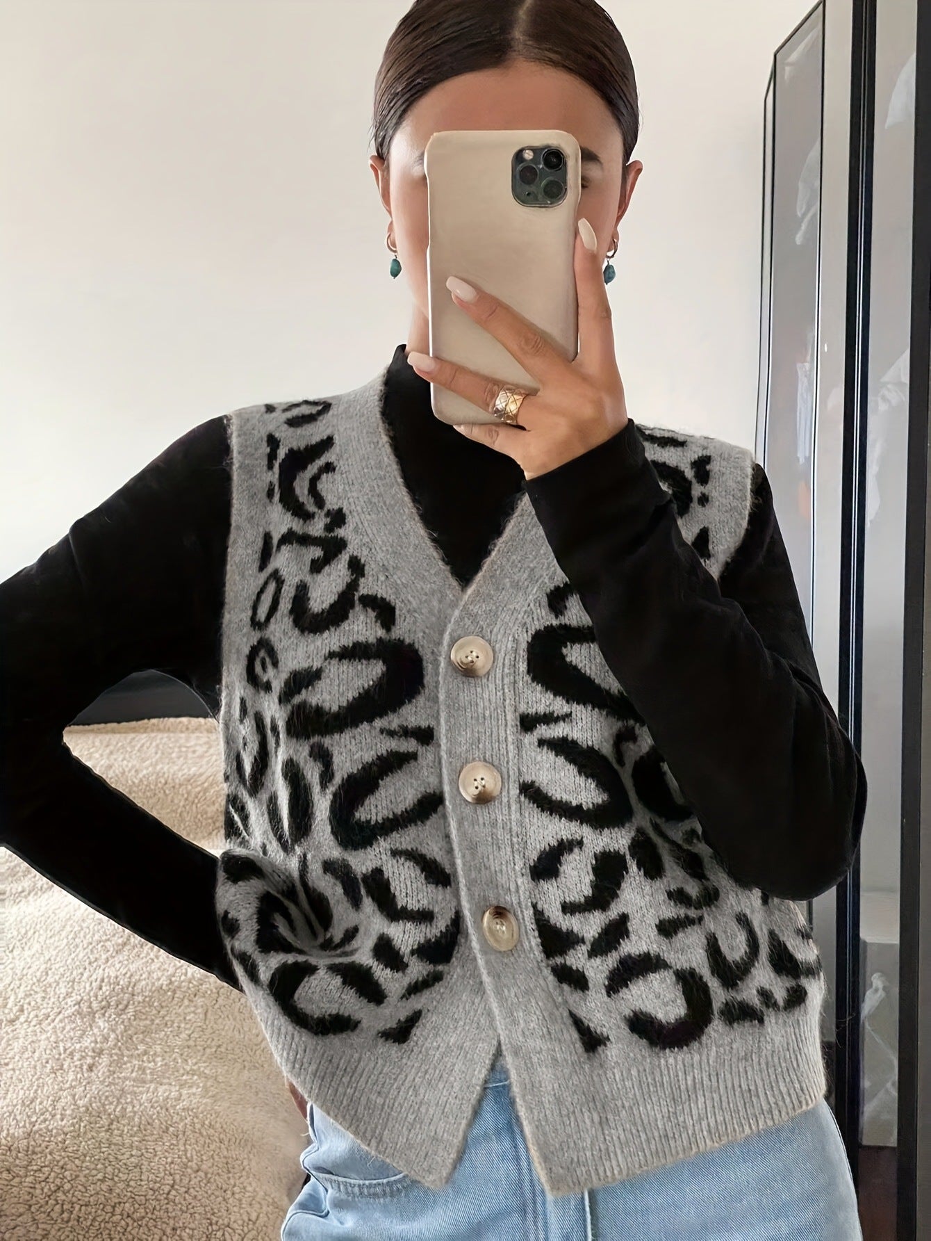 Damen Strickweste Leoprint Hochwertig