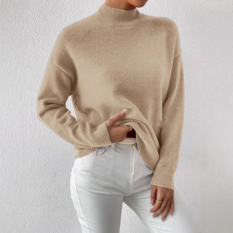 Damen Pullover Weiches Material Hochkragen Beige