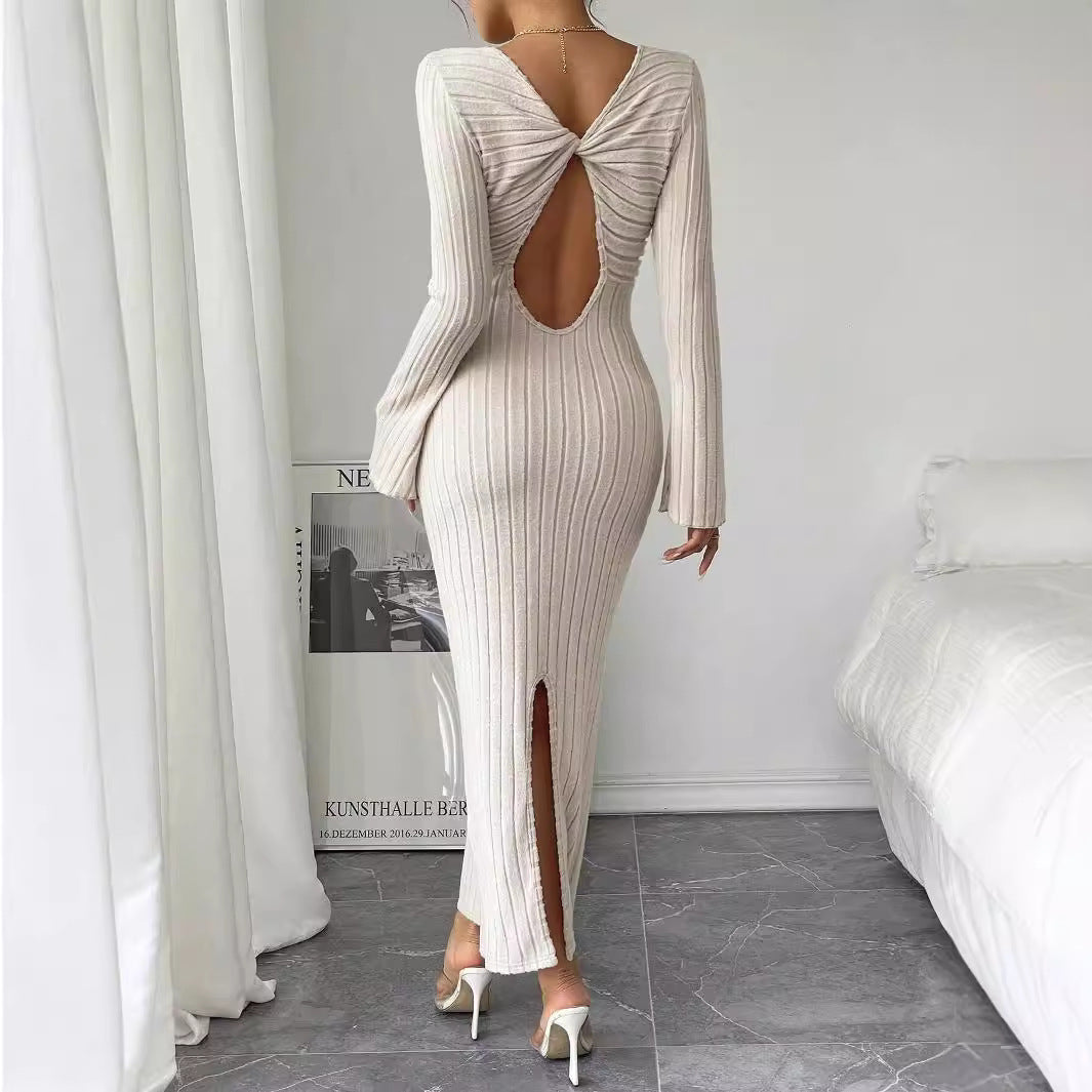Damen Langarm Strickkleid Rundhalsausschnitt Figurbetonter Schnitt