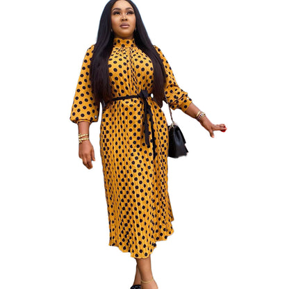 Damen Maxikleid Stehkragen Taillengürtel Elegantes Langkleid