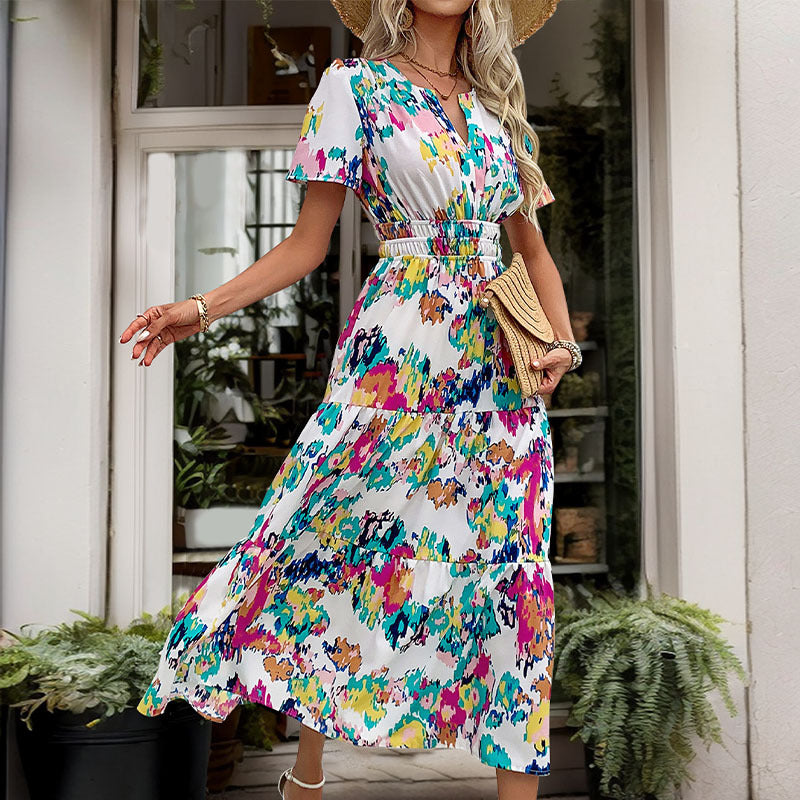 Damen Maxi-Kleid Elastischer Taillengürtel Bunt
