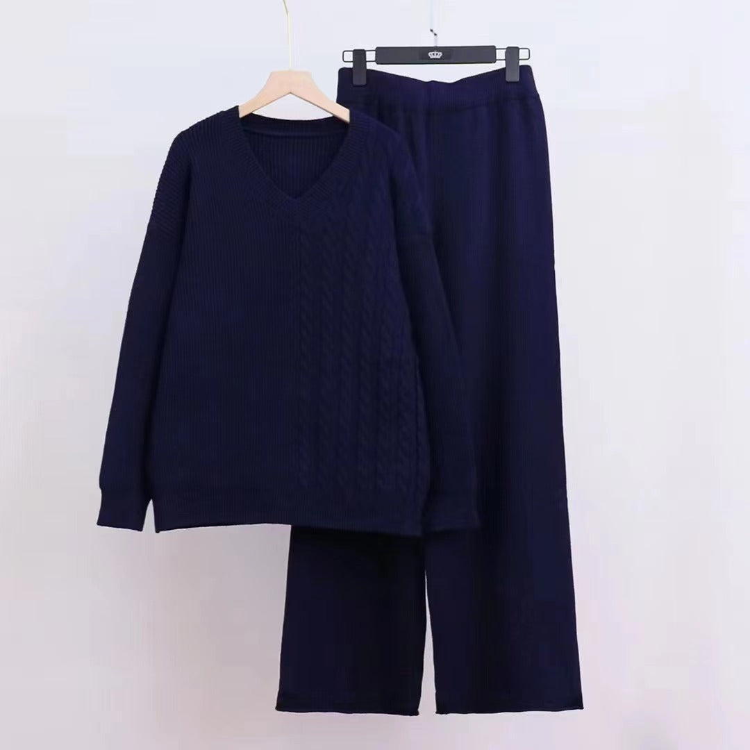 Damen Feinstrickpullover und weite Hose mit V-Ausschnitt und
