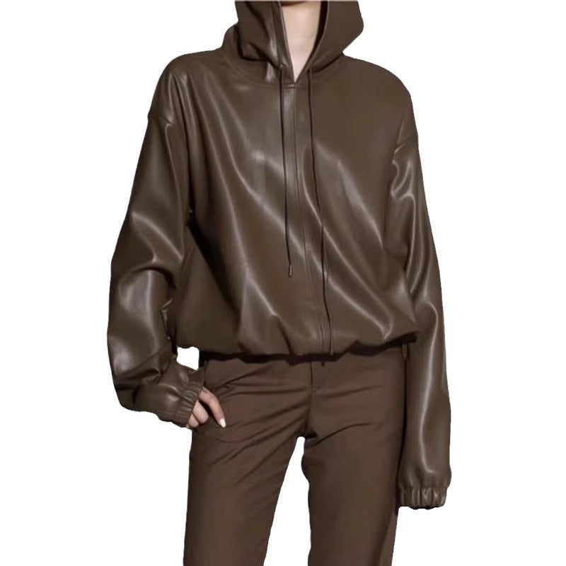 Damen Lederjacke mit Kapuze Kunstleder