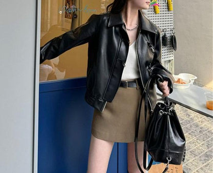 Damen Kunstlederjacke Klassisches Revers