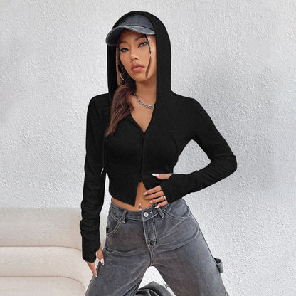 Damen Cropped Hoodie Kapuzenpullover mit Reißverschluss