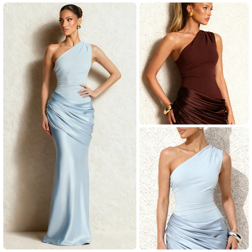 Damen Abendkleid Asymmetrisch Satin Raffiniert Schwarz - Norvielle