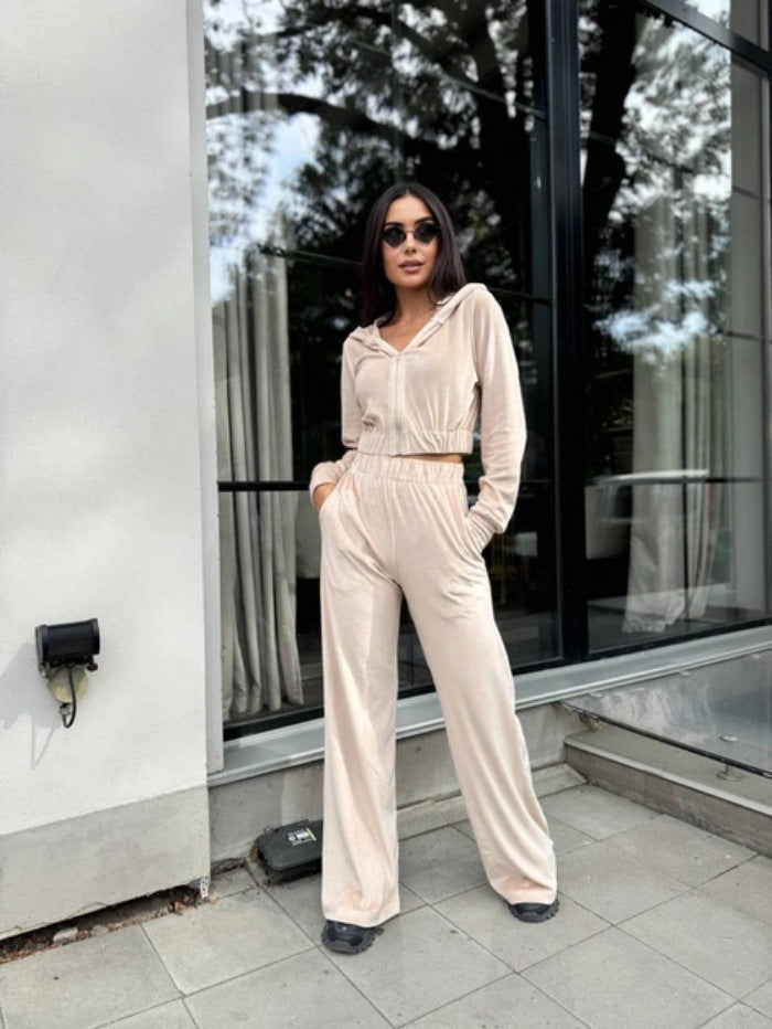 Damen Velours-Loungewear-Set mit Kapuze elastisch Norvielle