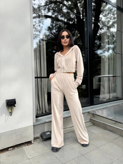 Damen Velours-Loungewear-Set mit Kapuze elastisch Norvielle