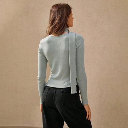 Damen Langarmshirt V-Ausschnitt Knöpfe Baumwolle Weiß