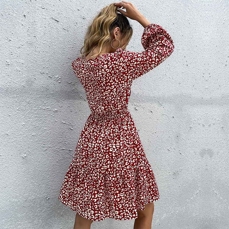 Damen Blusenkleid Elastischer Taillengürtel Leoprint