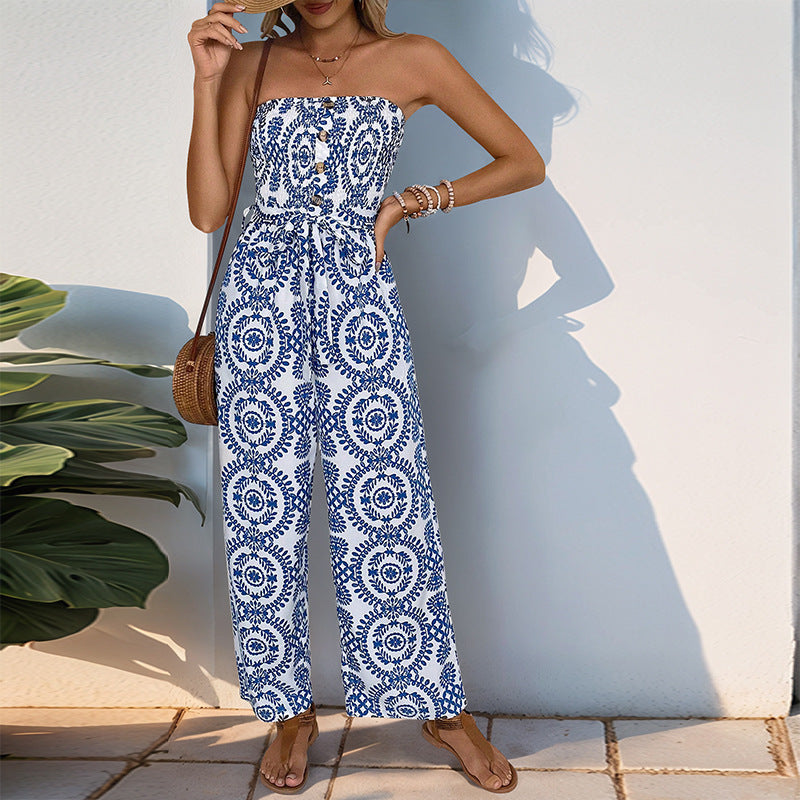 Damen Jumpsuit Floralmuster Baumwolle Taillengürtel
