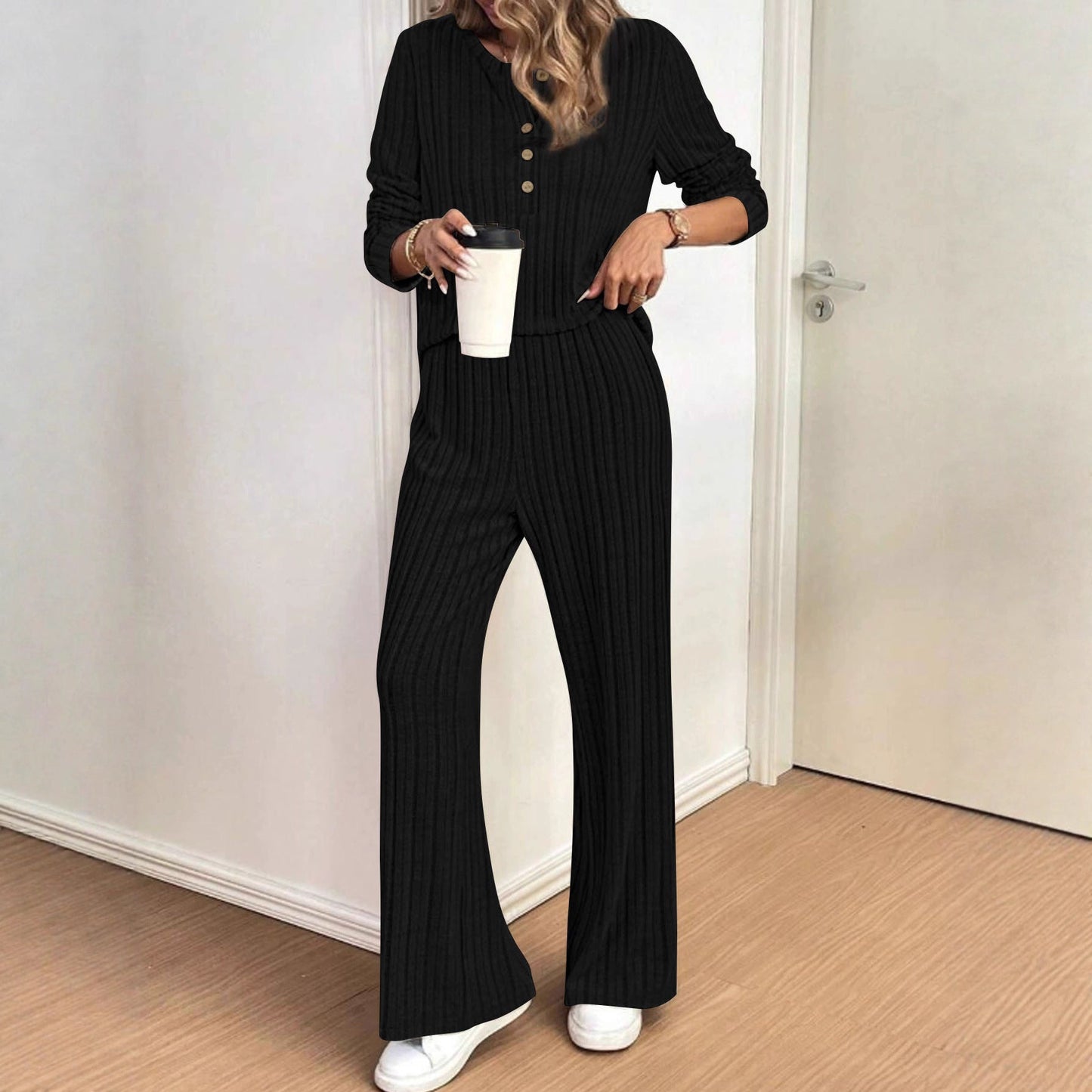 Damen Strickanzug Rippdesign Knopfleiste Norvielle - Norvielle