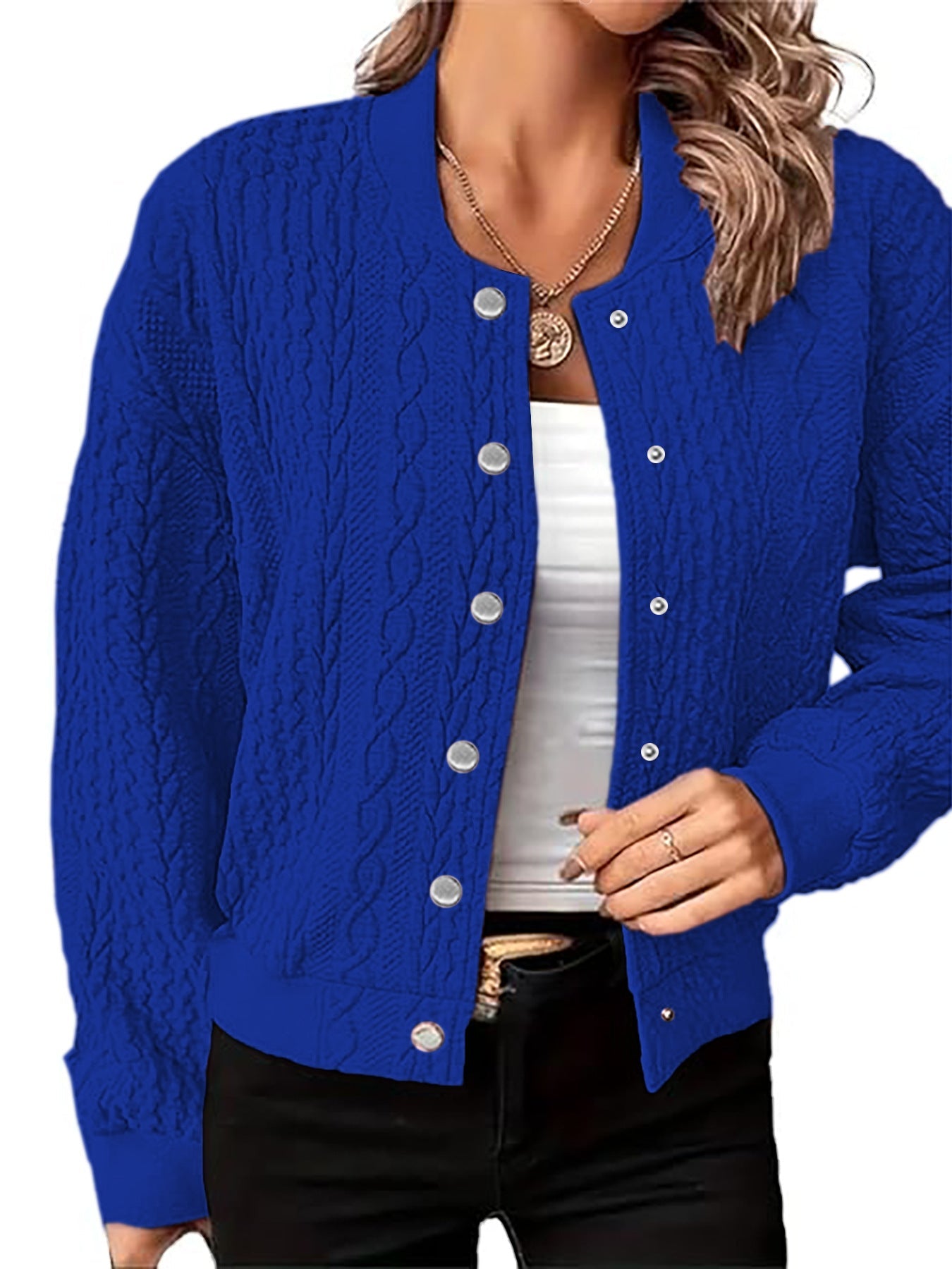 Damen Strickjacke Zopfmuster Druckknopfverschluss Beige Norvielle