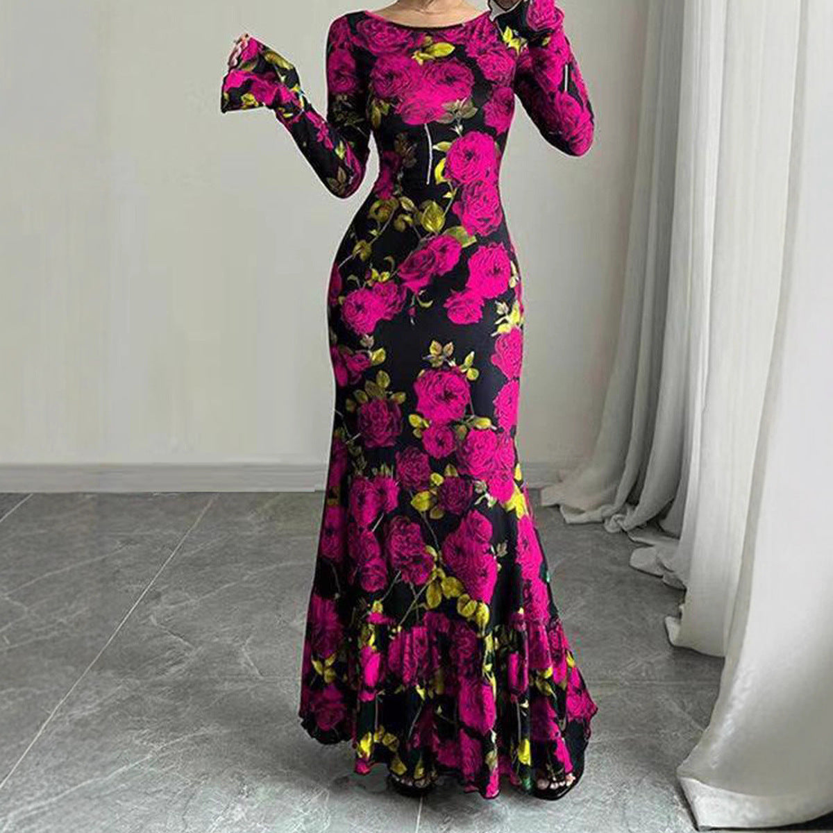 Damen Maxikleid mit Rüschendetails Langarm Floral