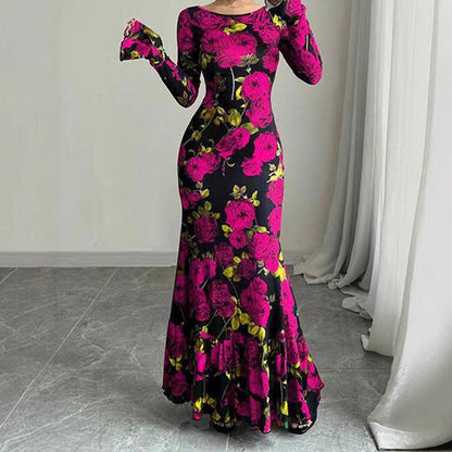 Damen Maxikleid mit Rüschendetails Langarm Floral