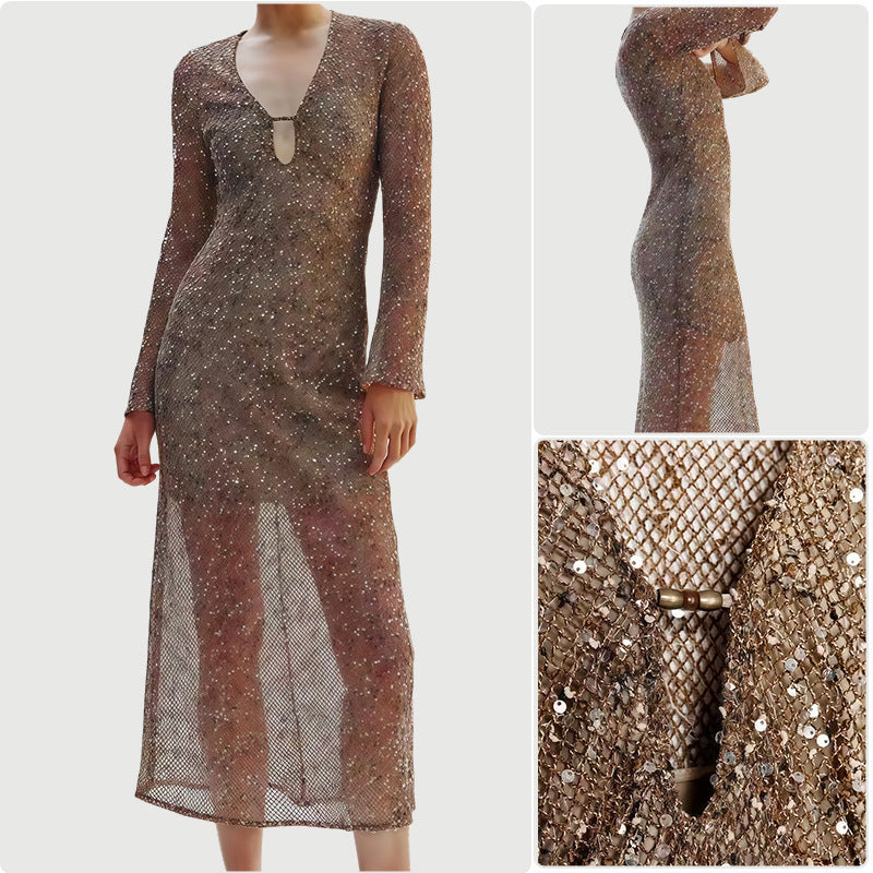 Damen Paillettenkleid V-Ausschnitt Lange Ärmel Norvielle - Norvielle